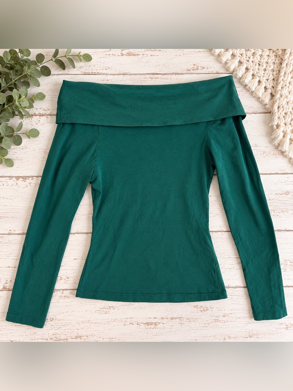 Free People Green Off Shoulder Long Sleeve Top